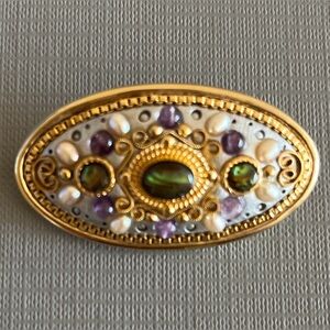 MICHAL GOLAN 24K GOLD PLATED PEARL AMETHYST CABOCHON STATEMENT
BROOCH PENDANT